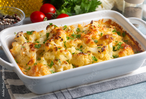 Obraz na płótnie Cauliflower gratin with bechamel sauce with parsley butter w salonie