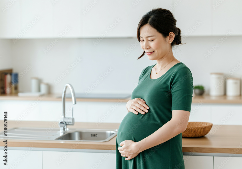 Pregnant woman gently holding her belly, standing in a modern kitchen, enjoying the anticipation of motherhood Pregnant woman gently holding her belly, standing in a modern kitchen, enjoying the anticipation of motherhood