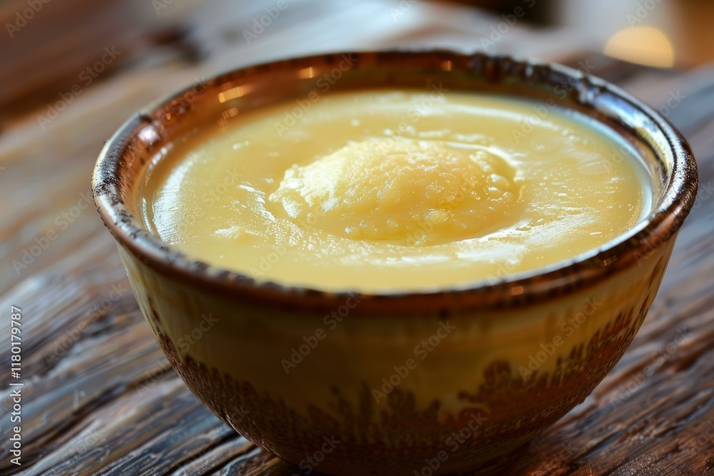 Delicious polenta with melting butter served in a rustic bowl, creating a warm and comforting culinary scene Delicious polenta with melting butter served in a rustic bowl, creating a warm and comforting culinary scene