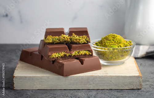 Obraz na płótnie Trend chocolate; Dubai chocolate is made with pistachio paste and kadayif. w salonie