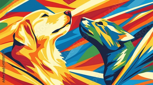   A zoomed-in picture of a dog and feline depicted in artwork of the same subject, showing a closer look at their features