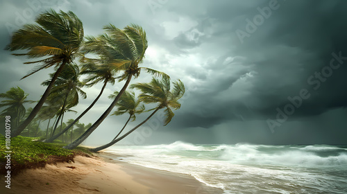 A tropical beach with tall palm trees bent under the force of approaching storm winds, illustrating nature's powerful fury against a somber, cloudy sky. Wavecrest. Illustration