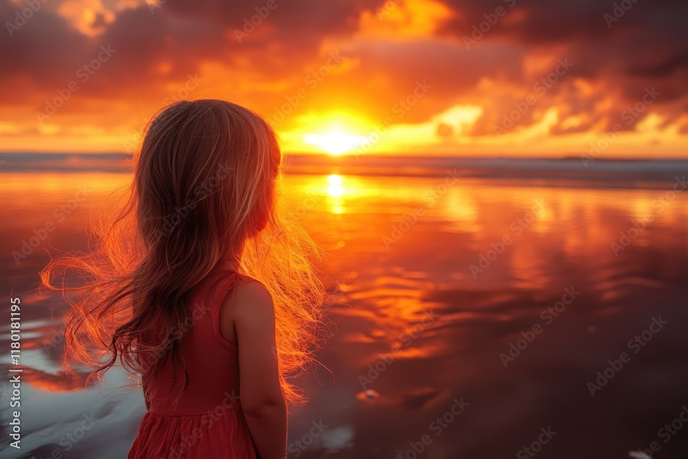 A young woman stands alone on a beach as the sun sets behind her, wearing a bright red dress A young woman stands alone on a beach as the sun sets behind her, wearing a bright red dress