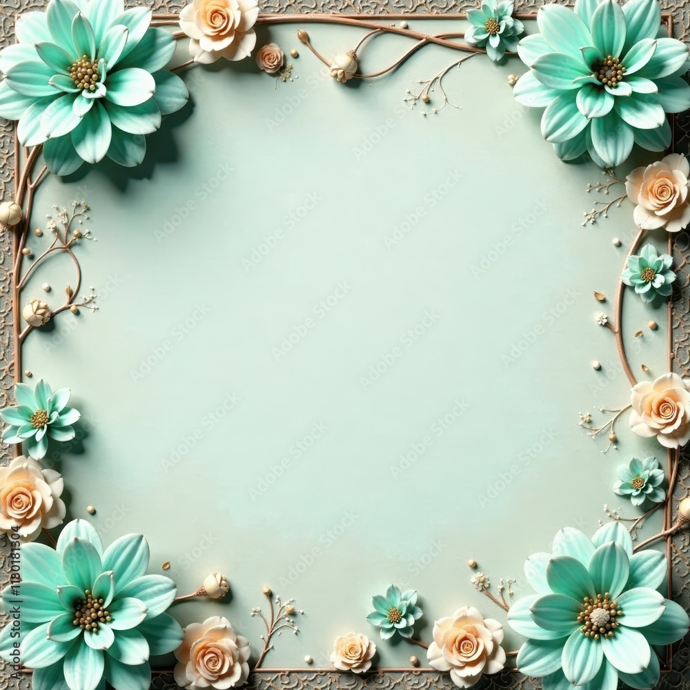 Delicate turquoise flower garland with intricate heart details in a distressed vintage background, colorful blooms , antique Delicate turquoise flower garland with intricate heart details in a distressed vintage background, colorful blooms , antique