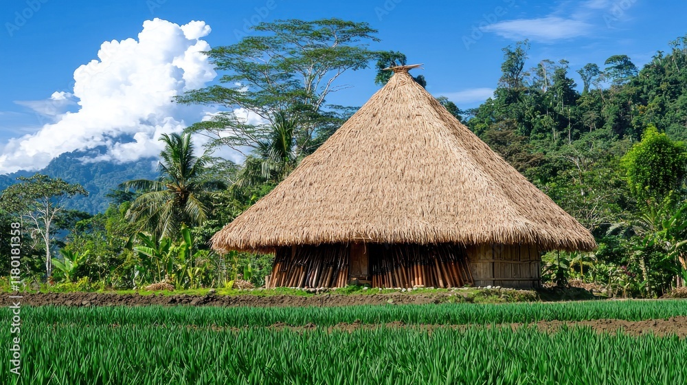 Traditional thatched-roof house surrounded by lush greenery. Traditional thatched-roof house surrounded by lush greenery.