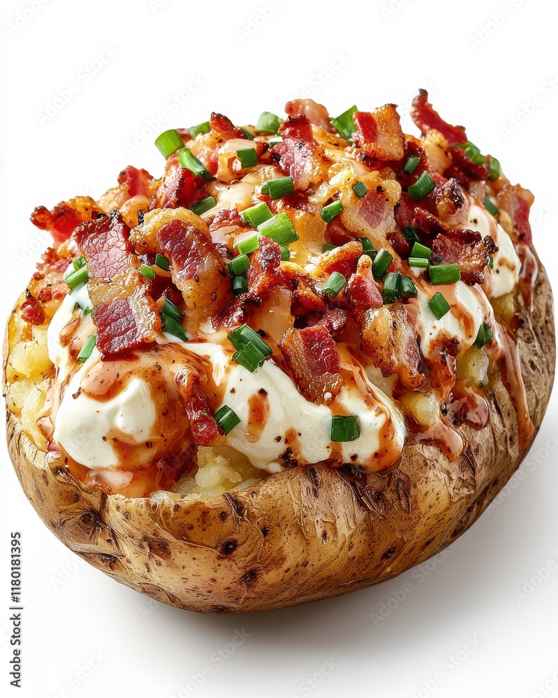 Delicious loaded baked potato with sour cream and bacon bits kitchen food cozy setting close-up comfort food Delicious loaded baked potato with sour cream and bacon bits kitchen food cozy setting close-up comfort food
