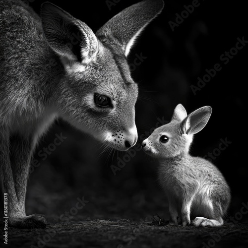 A black and white photograph of a young kangaroo with its mother, showcasing the bond between the two photo