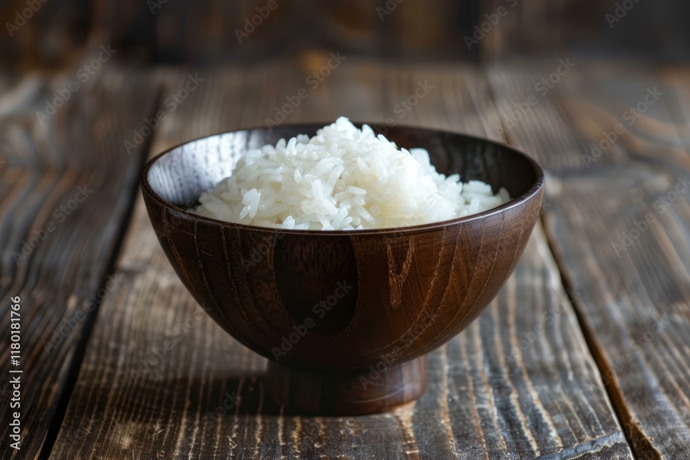 Close up of perfectly cooked white rice steaming in a dark wooden bowl, set against a rustic wooden table background, creating a warm and inviting culinary scene Close up of perfectly cooked white rice steaming in a dark wooden bowl, set against a rustic wooden table background, creating a warm and inviting culinary scene