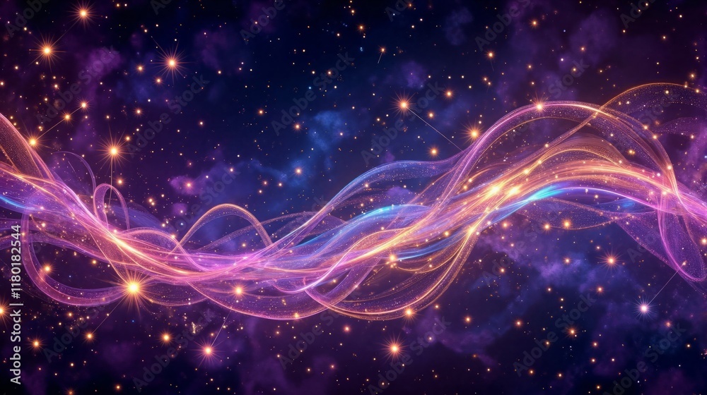 Fototapeta premium Colorful flowing light trails on starry cosmic background, abstract and dreamy aesthetic