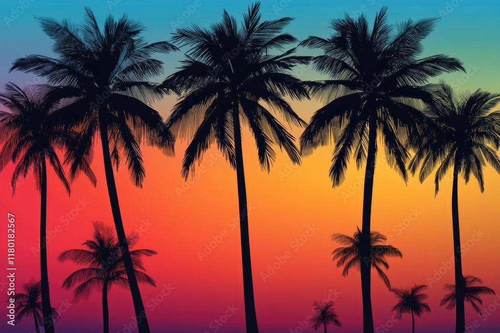 A group of palm trees standing tall against a vibrant and colorful sky with fluffy white clouds A group of palm trees standing tall against a vibrant and colorful sky with fluffy white clouds