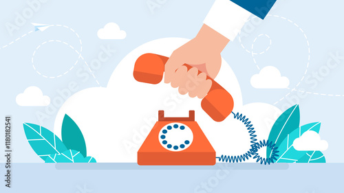 Hand picking up the phone. Make a call. Pick up the phone icon or print. Isolated on white. Hand picking up phone on white background. Phone answer concept. Flat illustration