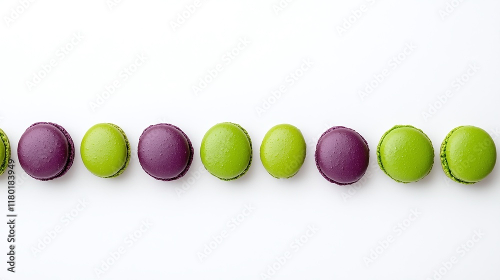 Alternating purple and green macarons in a horizontal line, colorful French desserts, minimalistic food photography, isolated on white background

