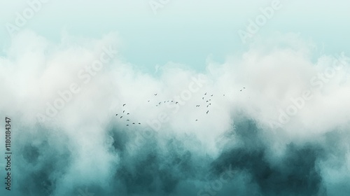   A flock of birds flying through a cloudy sky over a body of water in front of a blue sky with white clouds