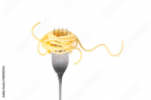 Spaghetti on a fork on a wh...