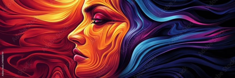 Vibrant abstract artistic portrait of a woman with colorful swirling patterns in profile view Vibrant abstract artistic portrait of a woman with colorful swirling patterns in profile view