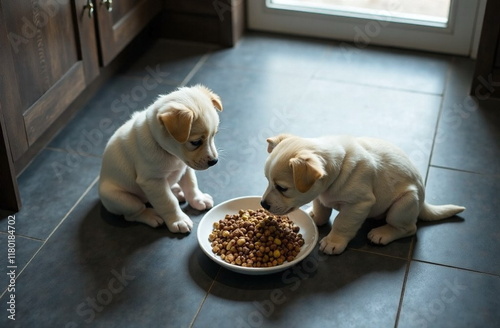 Cute white puppies are sitting in front of a cup of dog food. puppy, food. photo