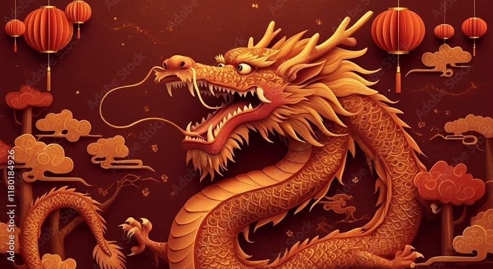 Obraz premium A vibrant depiction of a dragon intertwined with lanterns and clouds, symbolizing prosperity.