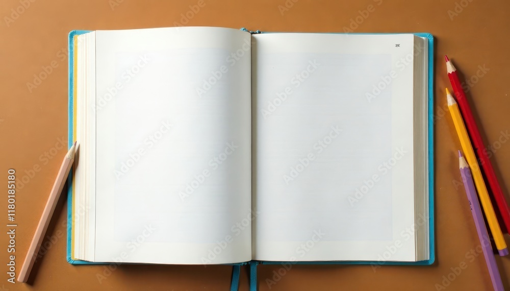 Fototapeta premium Open exercise book with pencils on brown background spread wide, study, office supplies