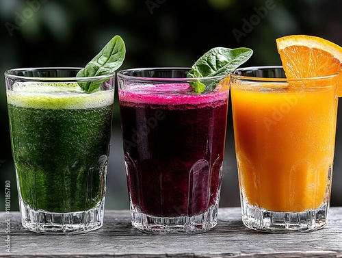 Three glasses filled with different colored juices on a wooden table photo