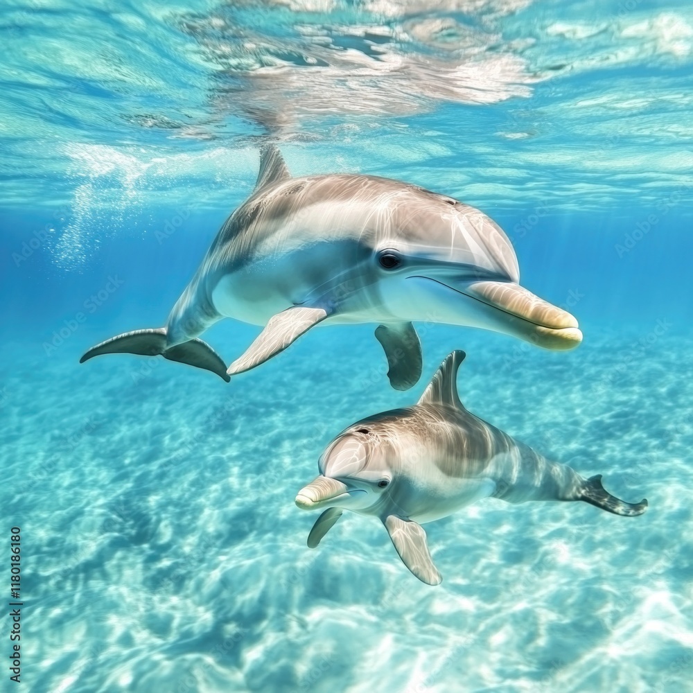 Fototapeta premium A pair of dolphins gliding through the open ocean, showing off their agility and playfulness
