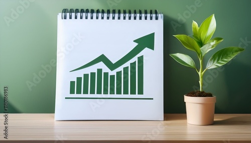 A scene with a notepad and a plant without a growth graph on a desk