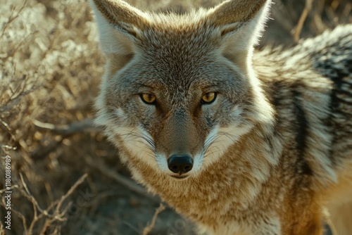 A close-up view of a coyote looking directly at the camera photo