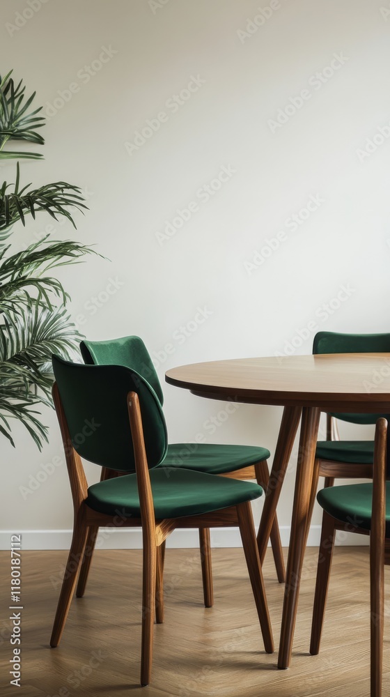 Fototapeta premium Sophisticated dining setup featuring wooden table and green chairs, complemented by indoor plant for a modern, serene ambiance.