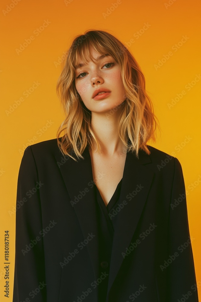 Stylish blonde woman in a black blazer posing confidently against a bright orange backdrop, showcasing modern fashion.