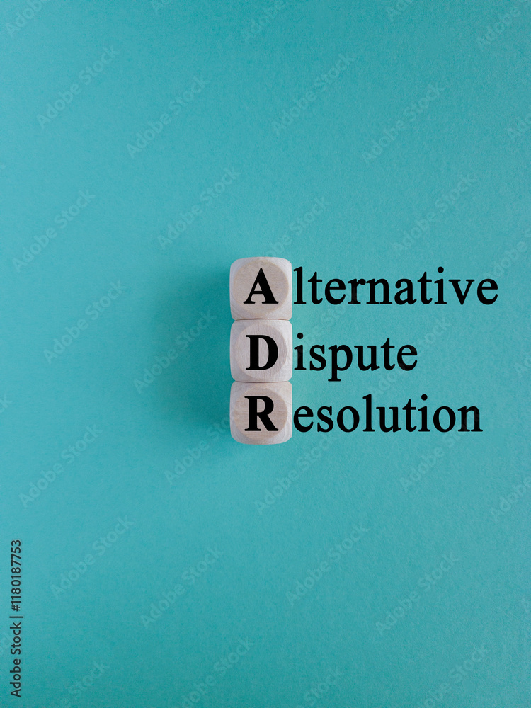 Wooden cubes with word ADM Alternative Dispute Resolution on beautiful blue background. Business concept.