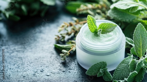 Refreshing cream surrounded by vibrant mint leaves on textured s photo