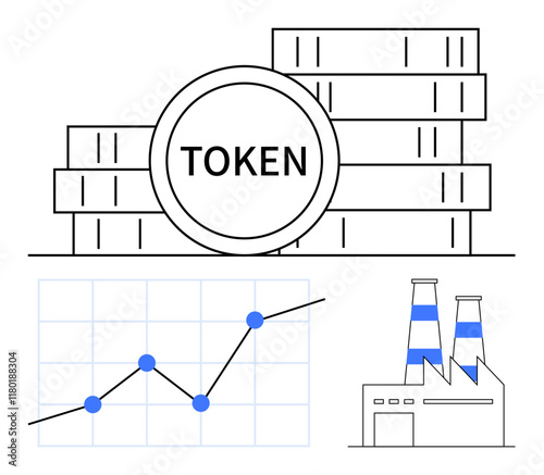Stack of tokens labeled TOKEN, upward line graph, and factory with chimneys. Ideal for blockchain, investment, cryptocurrency, industrial growth, financial data, economic trends abstract line flat