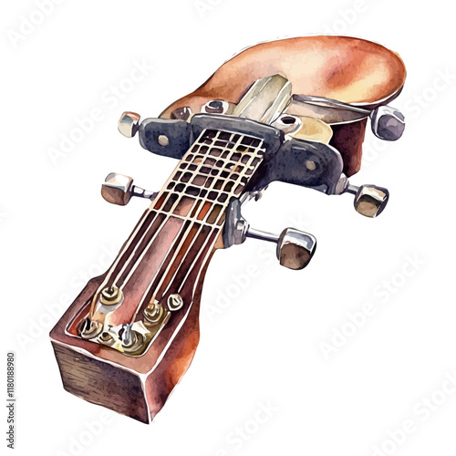 A watercolor of an acoustic guitar capo, isolated on a white background. Acoustic guitar capo vector.
