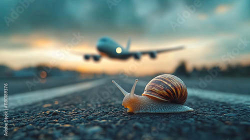 Snail is laying on the road next to an airplane