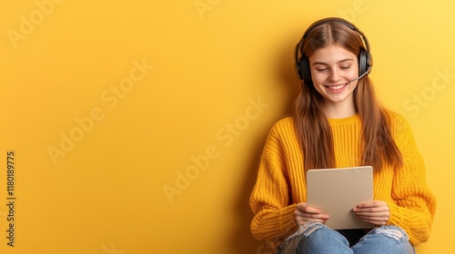 Caucasian teen female with headphones using tablet against yellow background