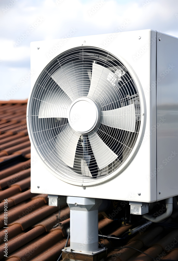 Close-up of industrial condenser fan on roof used in air conditioning, refrigeration, heat pump systems, green energy future concept, professional photography, with white tones Close-up of industrial condenser fan on roof used in air conditioning, refrigeration, heat pump systems, green energy future concept, professional photography, with white tones