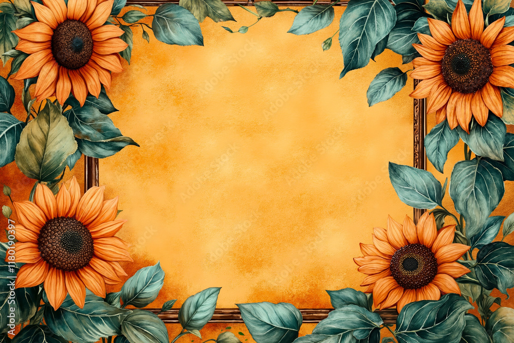 Obraz premium A picture frame with sunflowers and leaves on an orange background