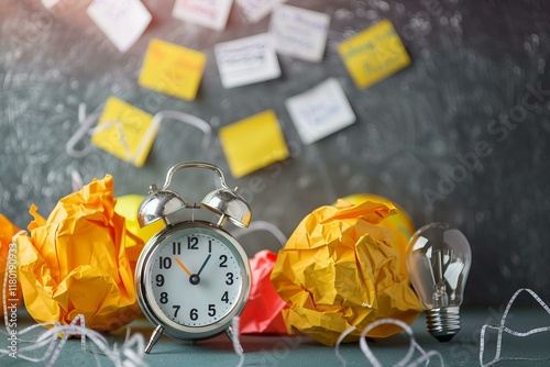 Alarm clock, crumpled paper balls, and light bulb on desk, representing deadline pressure and creative process