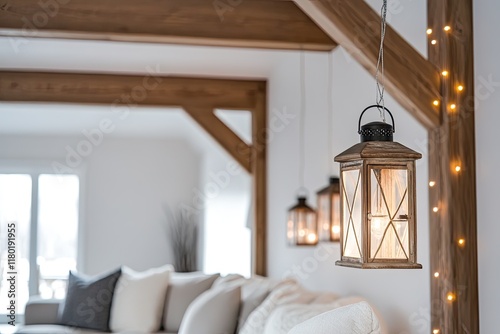 Cozy interior featuring rustic lanterns and soft textiles, enhan photo