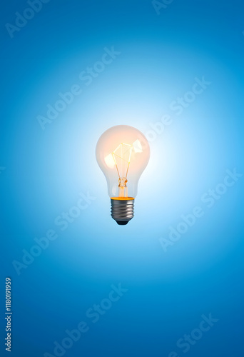 A solitary lightbulb illuminating a blue background, offering space for creativity and innovation., realistic, with white tones