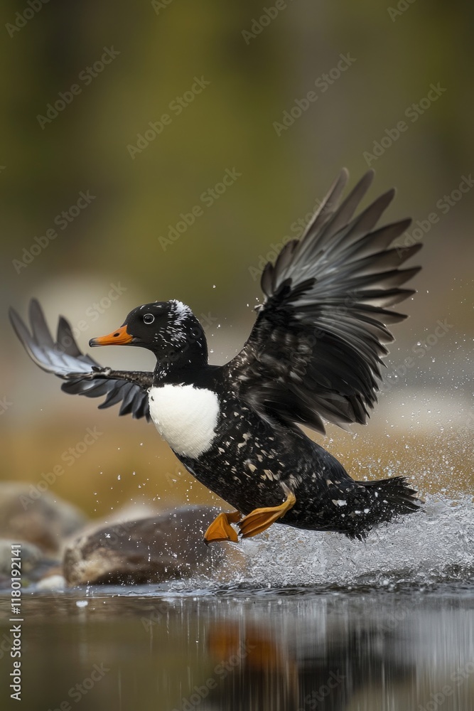Obraz premium A black and white duck lands on the surface of calm water