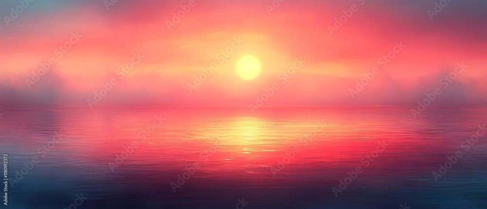 Misty sunset reflected on calm water.