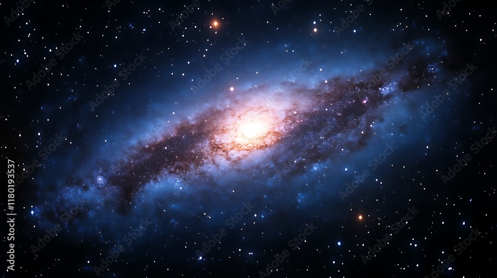 Fototapeta premium Spiral galaxy in deep space with bright core and swirling arms.