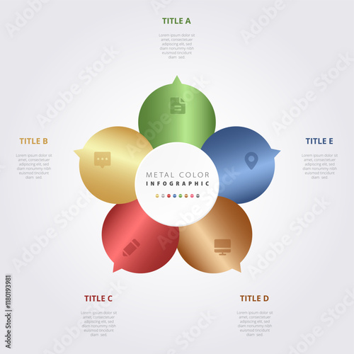 Metal color infographic vector design metallic gradient colorful UI template, elegant business work presentation process diagram workflow step layout banner gold silver bronze steel flow chart graph