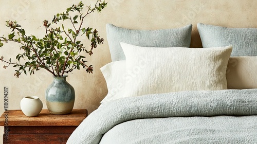   A vase with a plant sits on a table next to a blue and white bedcover