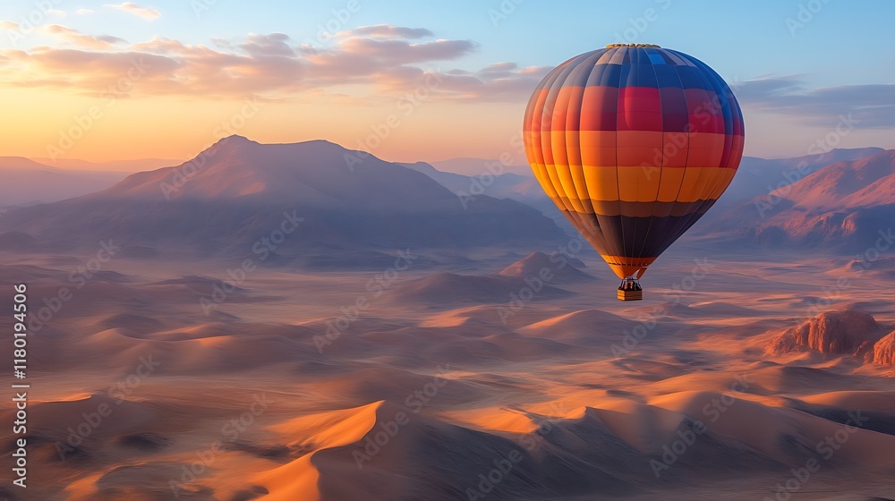 Obraz premium Hot Air Balloon Soaring Over Desert Dunes at Sunset