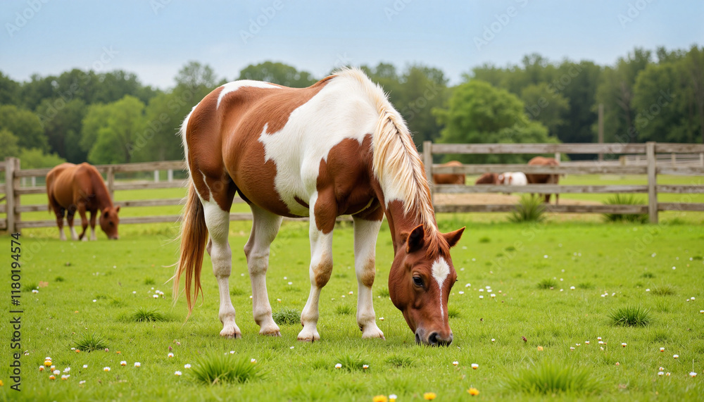 Grazing horse on green pasture with wooden fence Grazing horse on green pasture with wooden fence