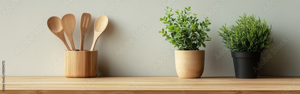 A minimalist Scandi-style kitchen counter with utensils and plants, providing a clean and modern design. A minimalist Scandi-style kitchen counter with utensils and plants, providing a clean and modern design.