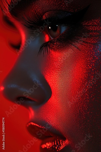 A close-up shot of a woman's face illuminated by red light, suitable for use in mystery or thriller scenes