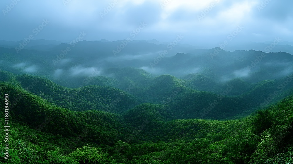 Naklejka premium Misty green mountain range landscape.