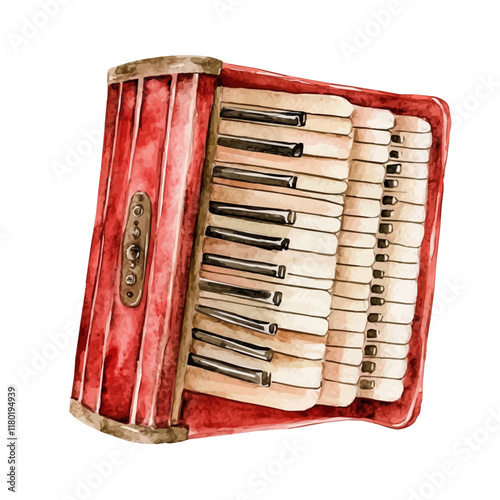 A watercolor of an accordion, isolated on a white background. Accordion vector.
